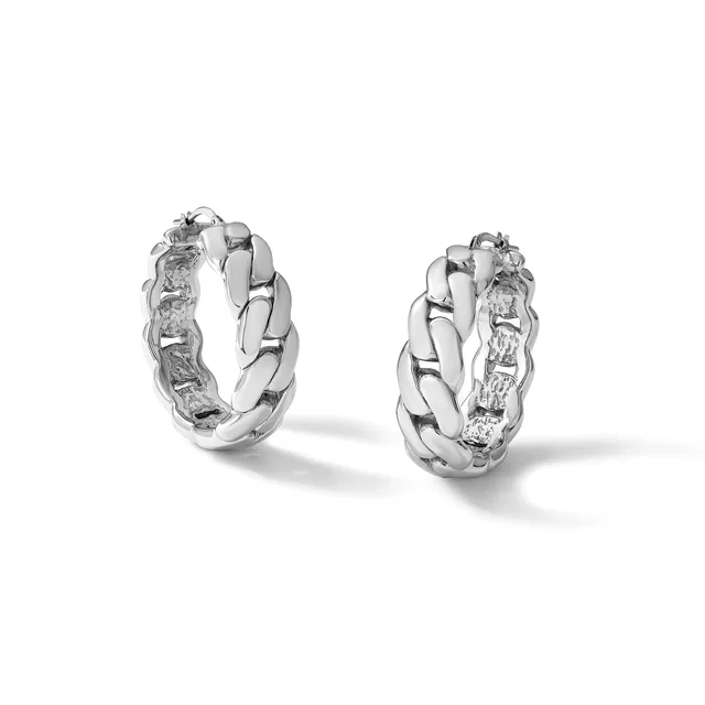 A pair of silver hoop earrings with a chunky chain-link texture and diamond accents along the inner surface, shown from a front angle against a white background.