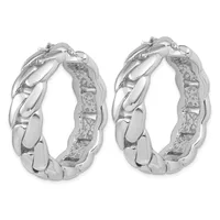 A pair of silver-toned chunky hoop earrings with a braided or twisted texture pattern, shown from front and back views.