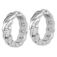A pair of silver twisted hoop earrings with a textured interior surface, shown from the front and back views.