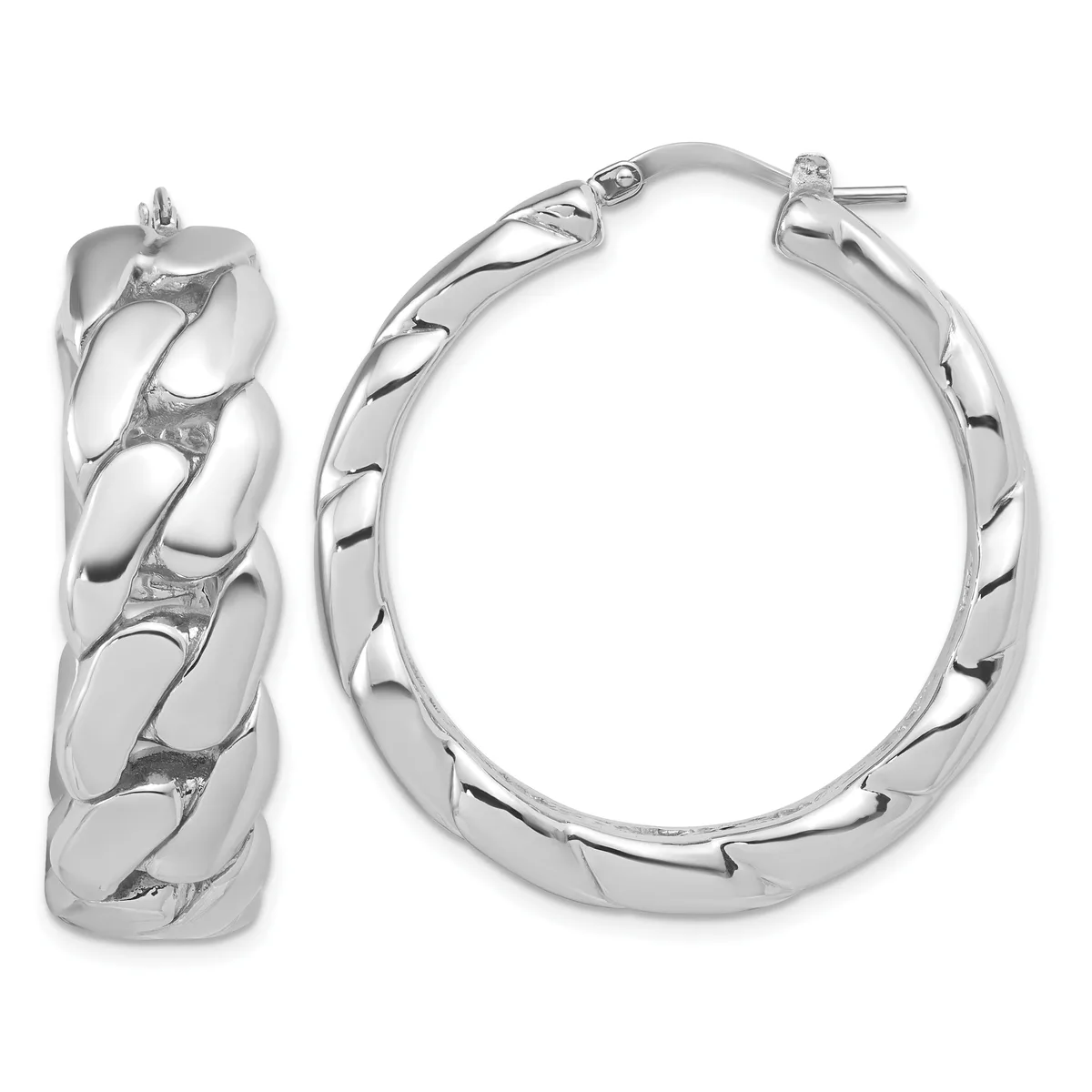 A pair of polished silver hoop earrings with a twisted rope texture pattern, shown from front and side views with post and clutch closures.