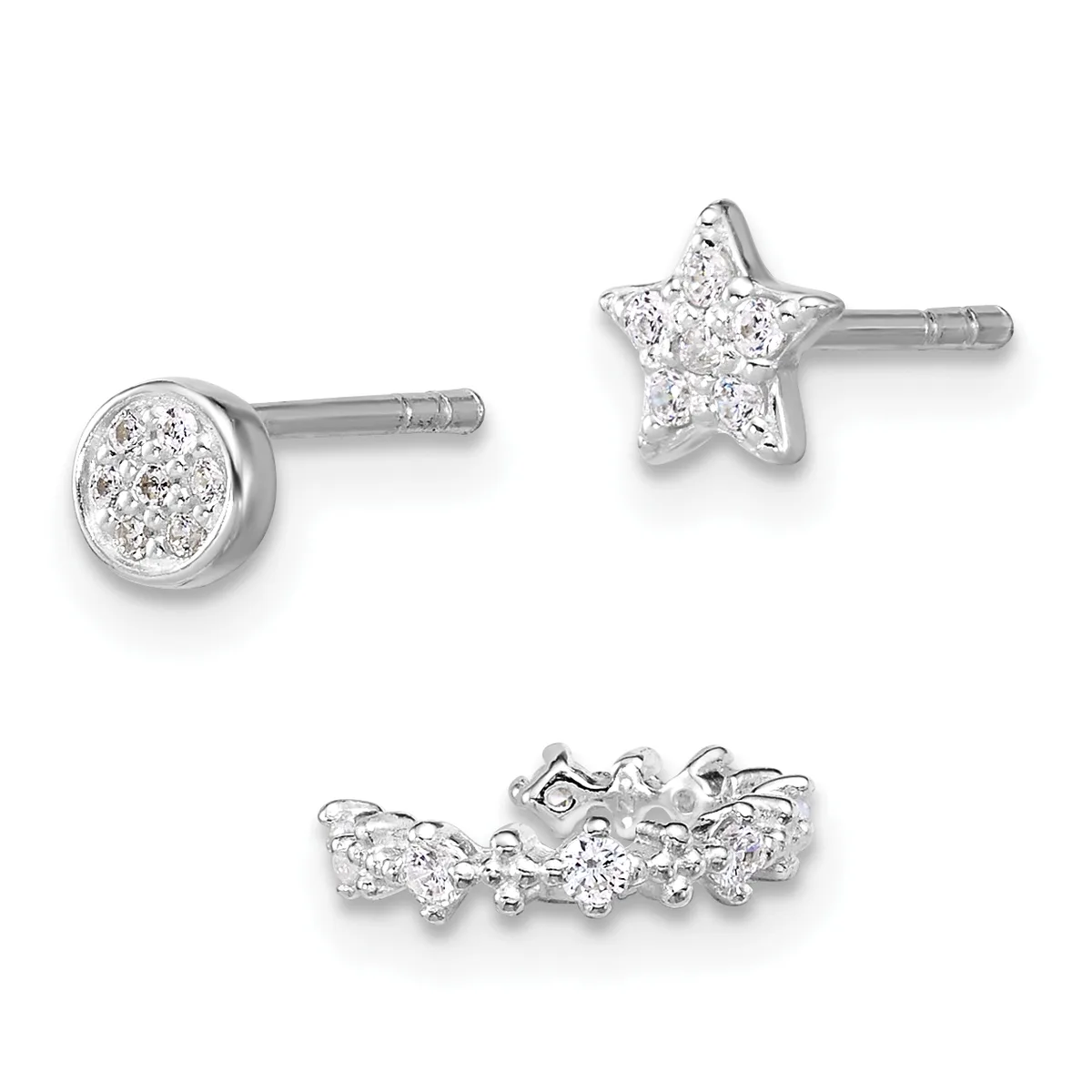 Three sterling silver earrings displayed against a white background: a round stud with pave diamonds, a star-shaped stud with pave diamonds, and a curved bar stud with multiple pave diamond clusters.