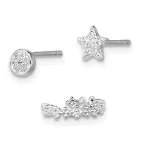Three sterling silver earrings displayed against a white background: a round stud with pave diamonds, a star-shaped stud with pave diamonds, and a curved bar stud with multiple pave diamond clusters.