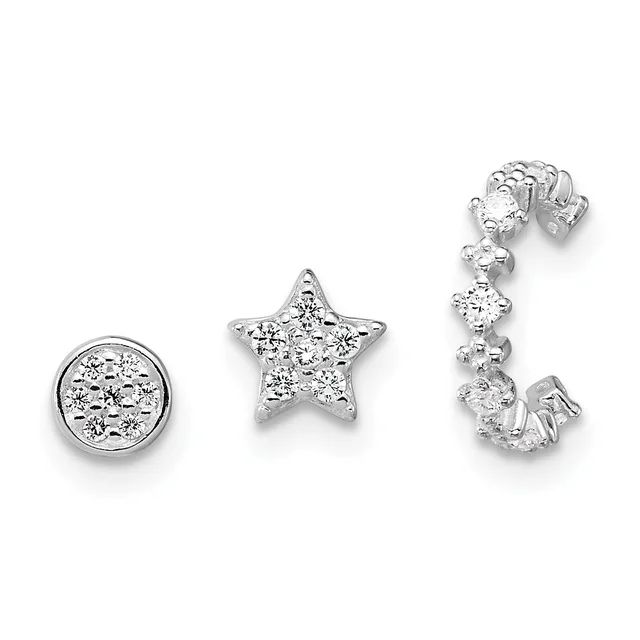 Three silver stud earrings set with cubic zirconia stones: a circular design, a star shape, and a curved J-shaped hoop, all displayed against a white background.