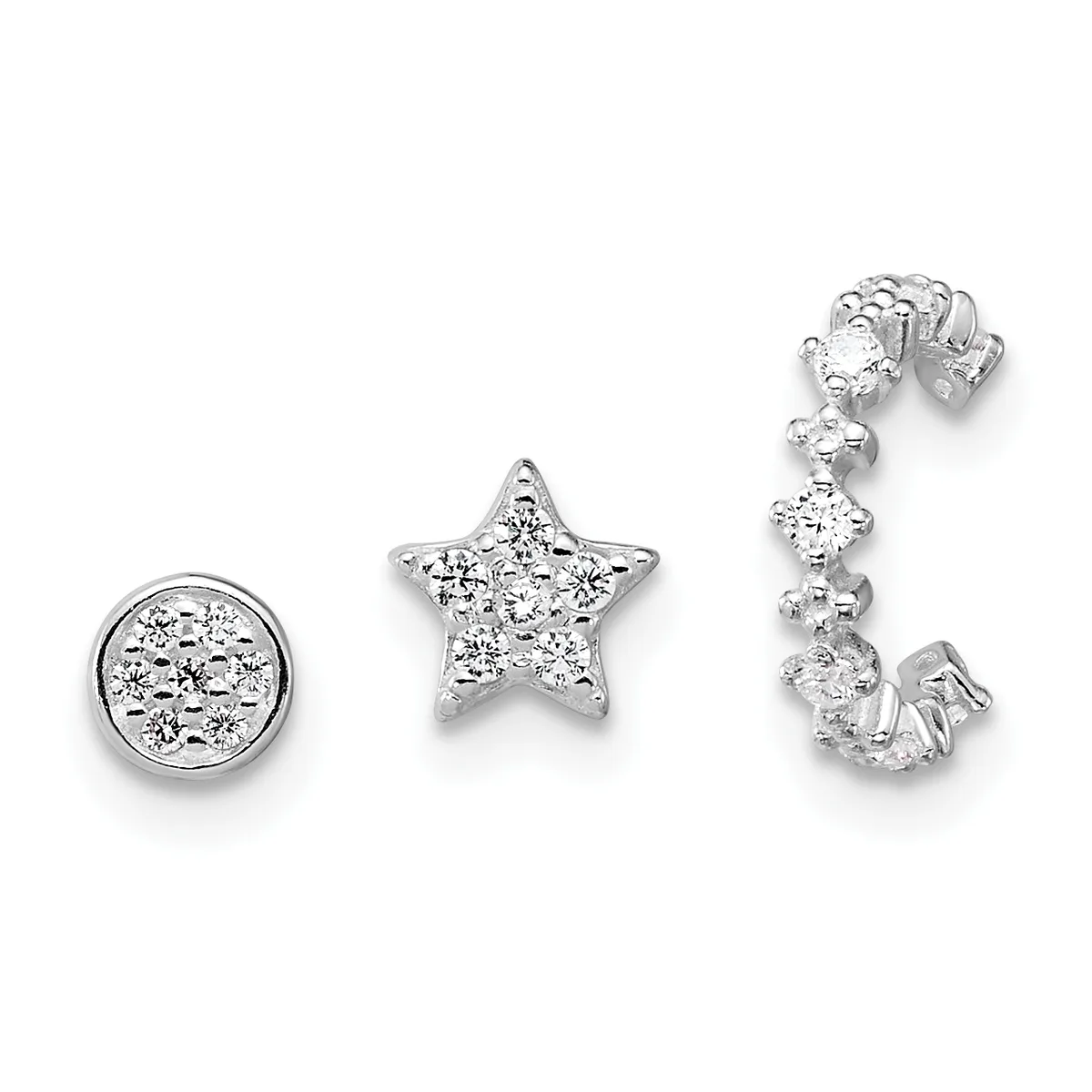 Three silver stud earrings set with cubic zirconia stones: a circular design, a star shape, and a curved J-shaped hoop, all displayed against a white background.