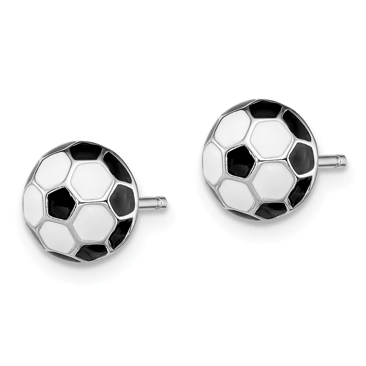 A pair of silver soccer ball stud earrings with black and white enamel panels, shown from the front against a white background.