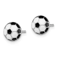 A pair of silver soccer ball stud earrings with black and white enamel panels, shown from the front against a white background.