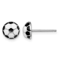 A pair of soccer ball stud earrings with black and white enamel panels on sterling silver posts, shown from front and side views.