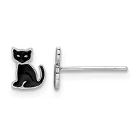 A pair of silver stud earrings shaped like sitting cats with black enamel fill, shown from front and side views with straight posts and flat backs.
