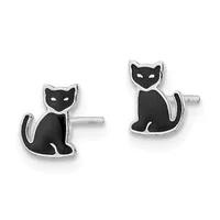 A pair of black enamel cat stud earrings with white eyes and silver-tone metal settings and posts.