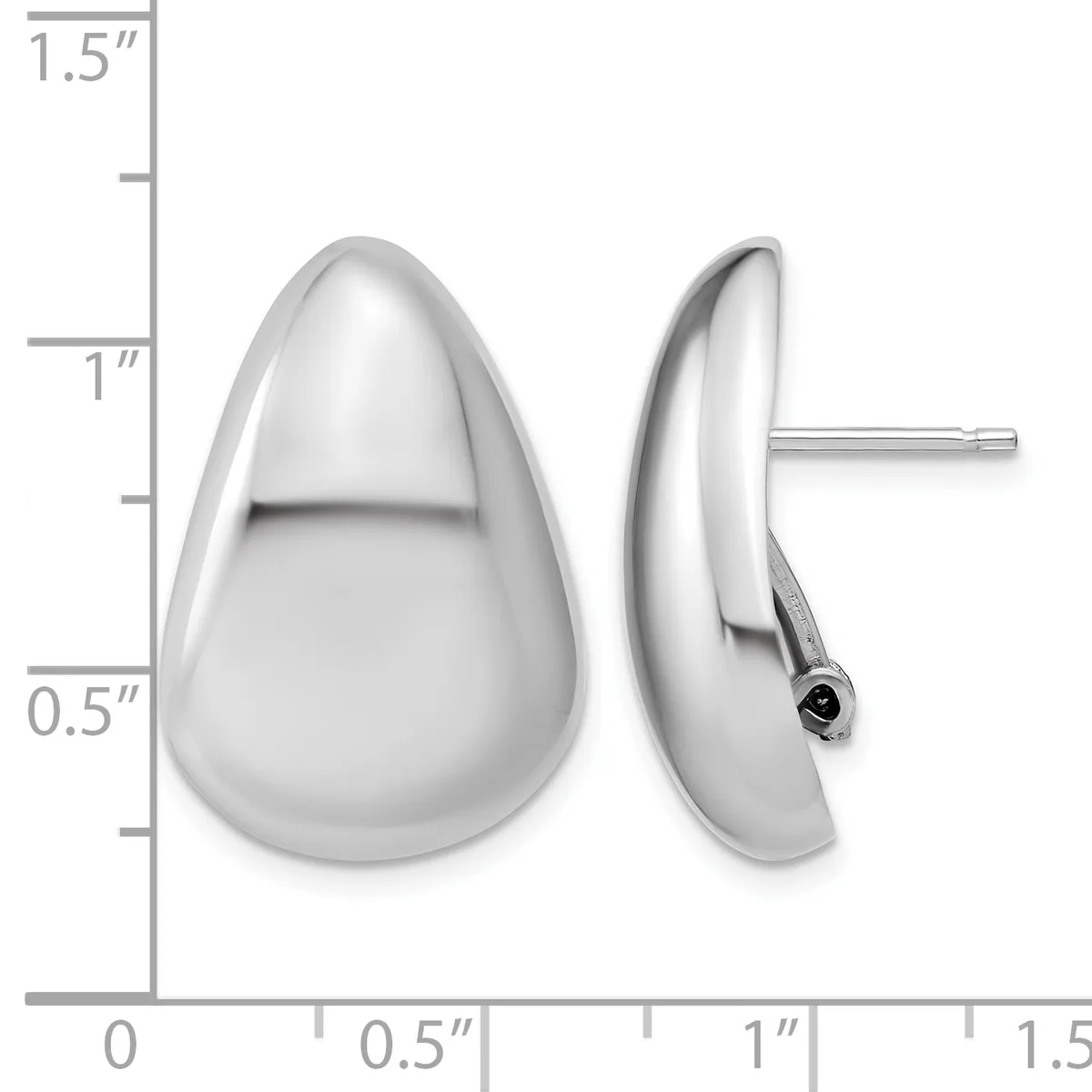 Polished silver teardrop earrings with posts, shown from front and side views against a measurement scale indicating approximately one inch in length.