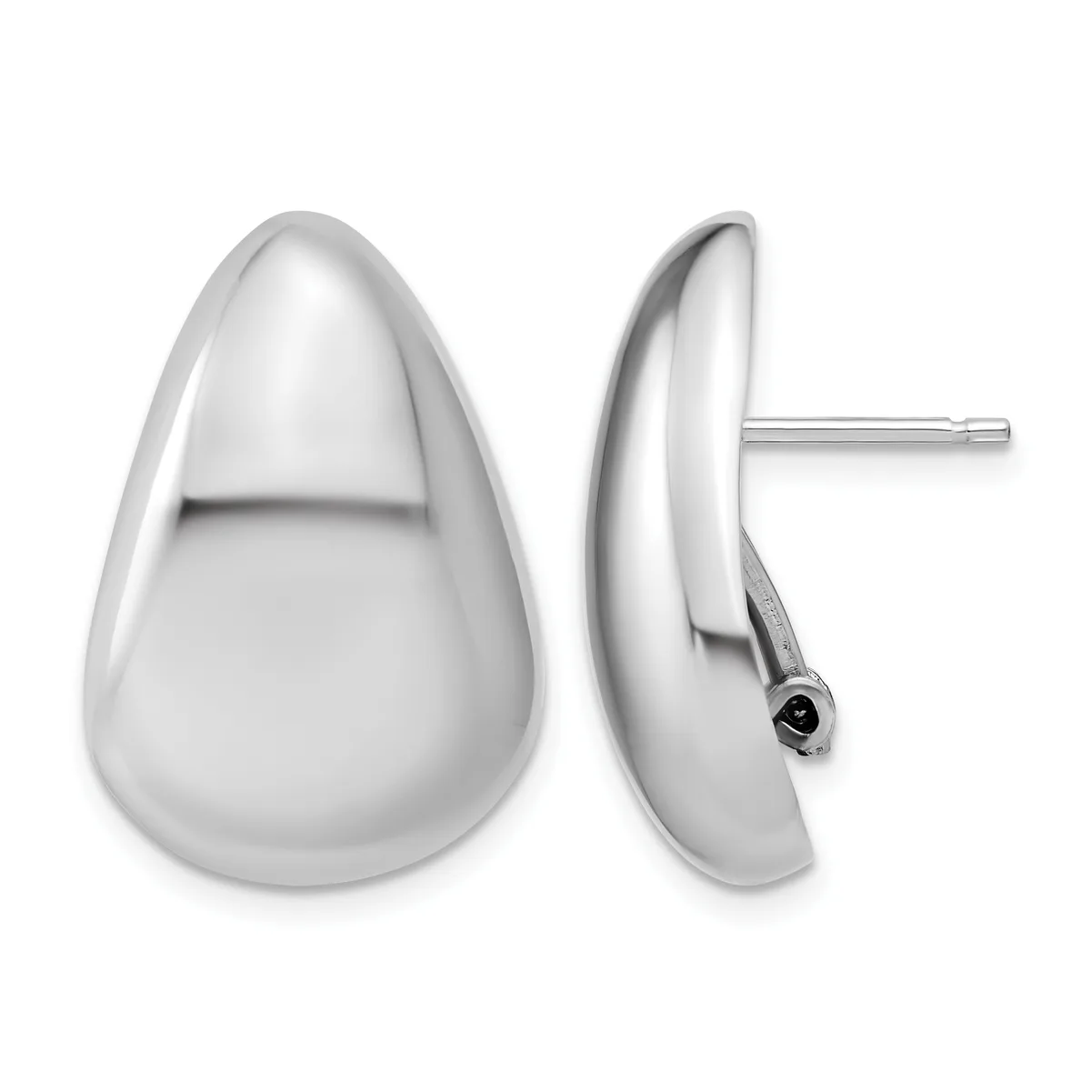 A pair of polished silver teardrop-shaped stud earrings shown from front and side views with posts and backing closures.