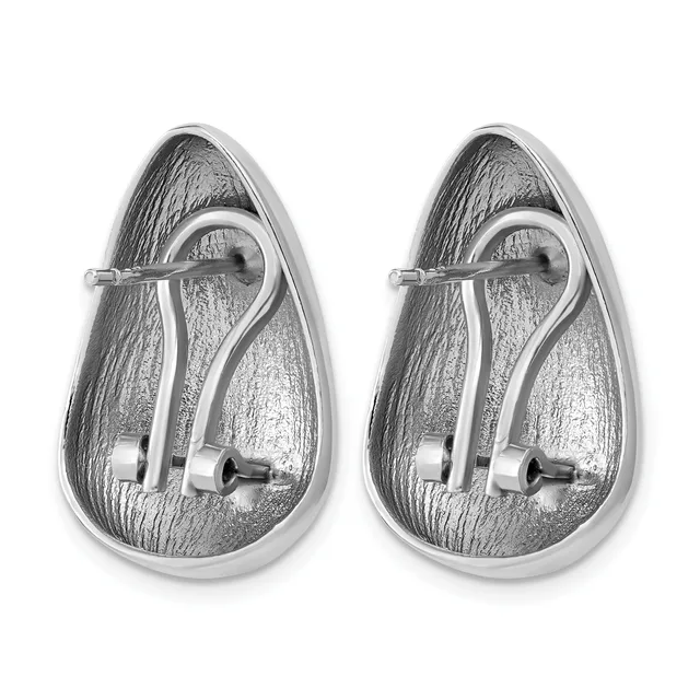Pair of silver teardrop-shaped earrings with textured surfaces and curved hook closures.