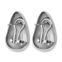 Pair of silver teardrop-shaped earrings with textured surfaces and curved hook closures.