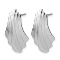 A pair of silver twisted drop earrings with a curved, tapered design and post backs, shown from the front.