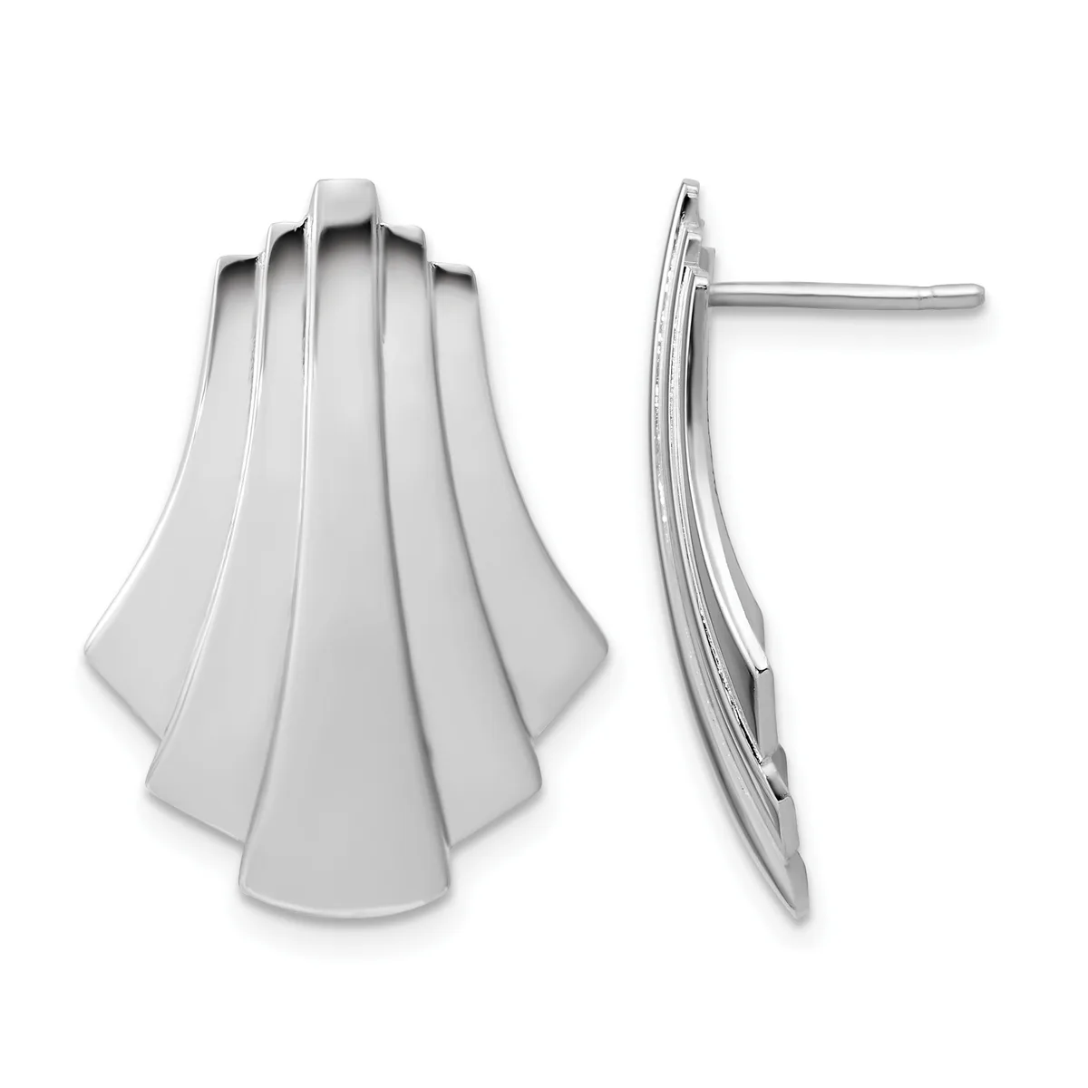 Pair of silver shell-shaped earrings shown from front and side views, featuring curved ridged design with post and back closures.