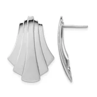 Pair of silver shell-shaped earrings shown from front and side views, featuring curved ridged design with post and back closures.