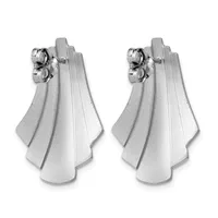 Pair of silver-toned metallic cone-shaped earrings with vertical ridged detailing and small circular clip-on fasteners at the top.