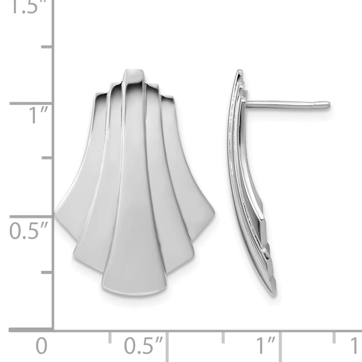 A pair of silver shell-shaped stud earrings shown from front and side views next to a measurement ruler, approximately one inch tall.