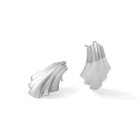 Two silver leaf-shaped earrings displayed at angles, showing their curved, layered petal design and polished metallic finish.