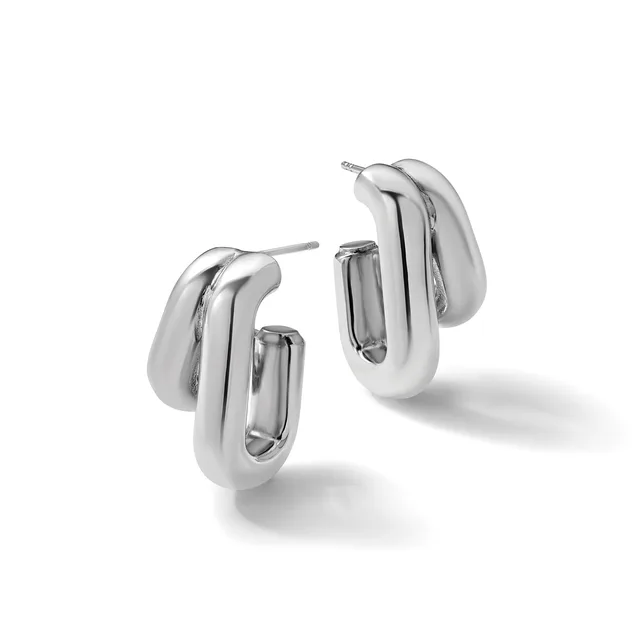A pair of polished silver chunky hoop earrings with rounded, tubular forms, shown on a white background with subtle shadows.