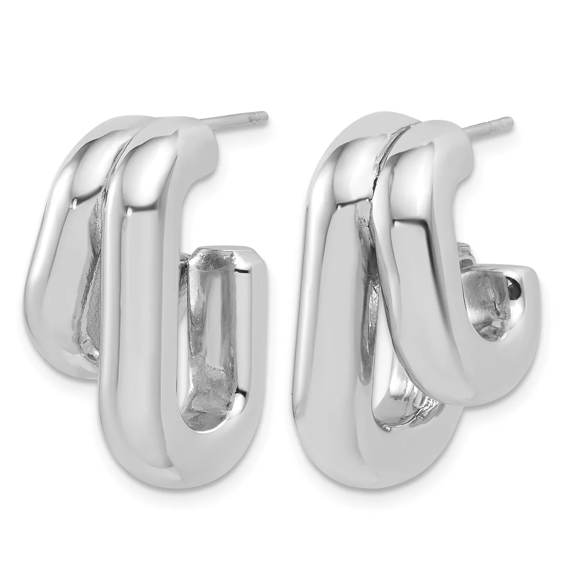 A pair of polished silver chunky tube hoop earrings with a split design, shown from the front and back views.