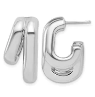 Pair of polished silver chunky curved hoop earrings with posts and backs, shown from front and side angles.