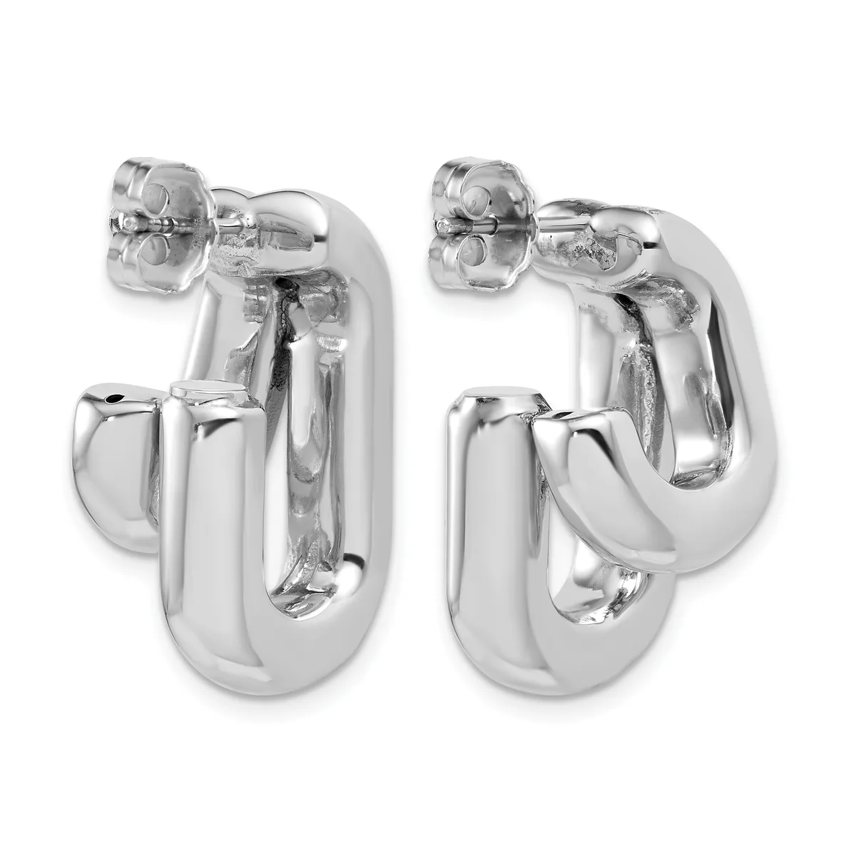 A pair of polished silver chunky curved tube earrings with stud posts and backs, shown from front and back views.