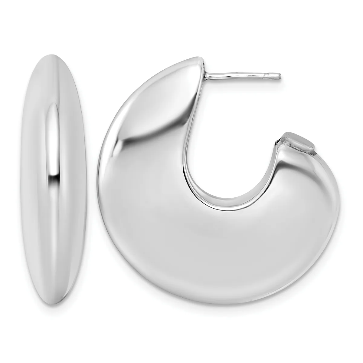 A pair of polished silver chunky curved hoop earrings shown from front and side views with post and earnut closures.