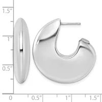 Polished silver chunky curved hoop earrings with post backs, shown from front and side views with a measurement scale indicating approximately one inch in height.