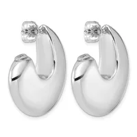 A pair of polished silver chunky oval hoop earrings with curved tubing and small stud posts with decorative caps.