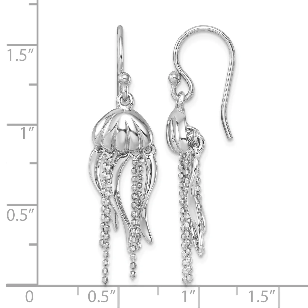 Silver jellyfish-shaped dangle earrings with textured dome tops and beaded tentacle strands, shown next to a ruler indicating approximately 1.25 inches in length.