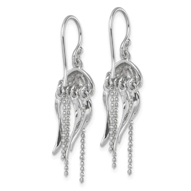 A pair of silver jellyfish-shaped dangle earrings with textured dome heads and beaded tentacles hanging from shepherd's hook ear wires.