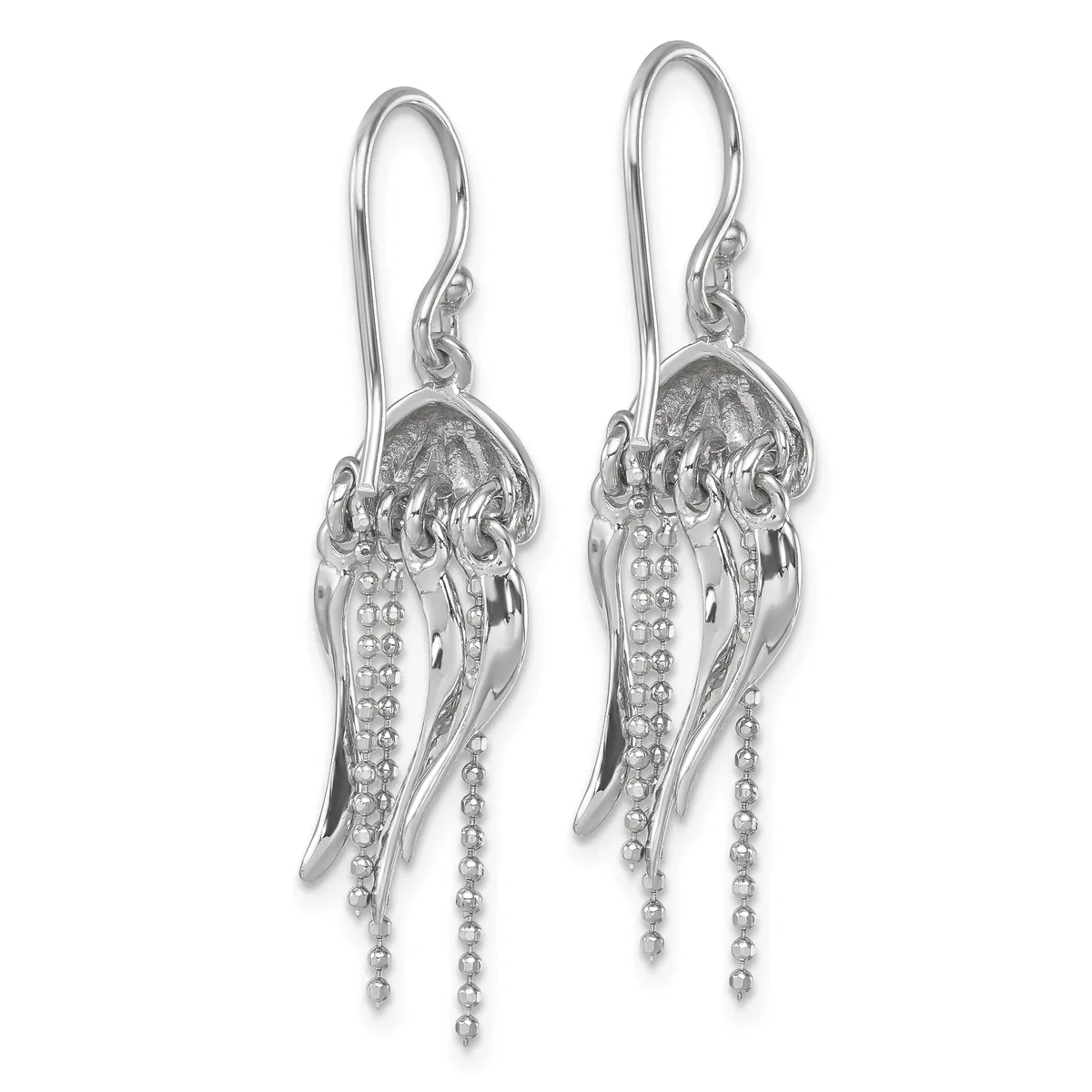 A pair of silver jellyfish-shaped dangle earrings with textured dome heads and beaded tentacles hanging from shepherd's hook ear wires.