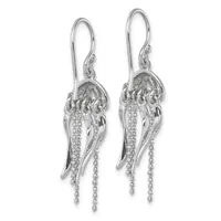 A pair of silver jellyfish-shaped dangle earrings with textured dome heads and beaded tentacles hanging from shepherd's hook ear wires.