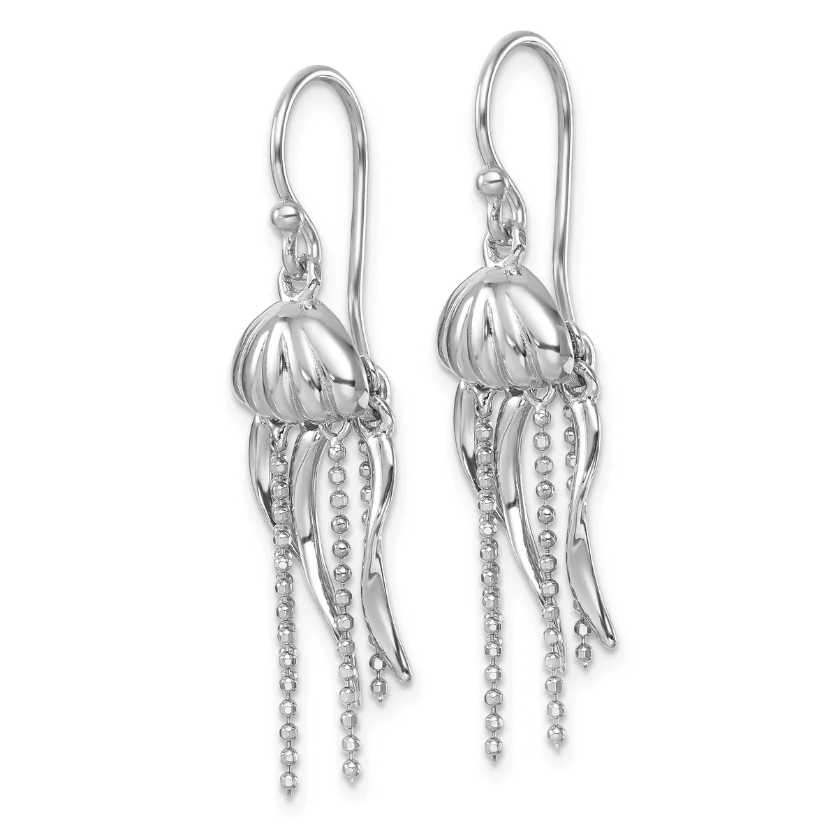 A pair of silver jellyfish-shaped dangle earrings with textured dome tops and multiple thin tentacle strands embellished with small round stones, suspended from curved ear wires.