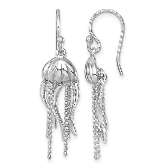 Pair of silver jellyfish-shaped dangle earrings with textured dome tops and beaded tentacle strands, shown on French wire hooks.