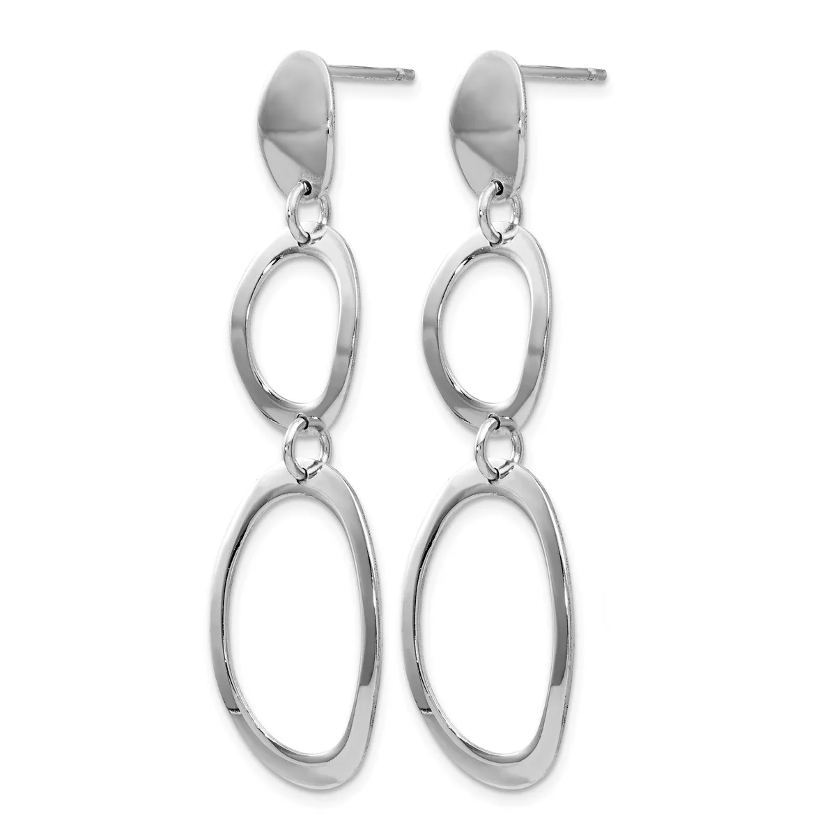 Pair of silver-toned stud earrings with two connected oval link drops hanging from each post.