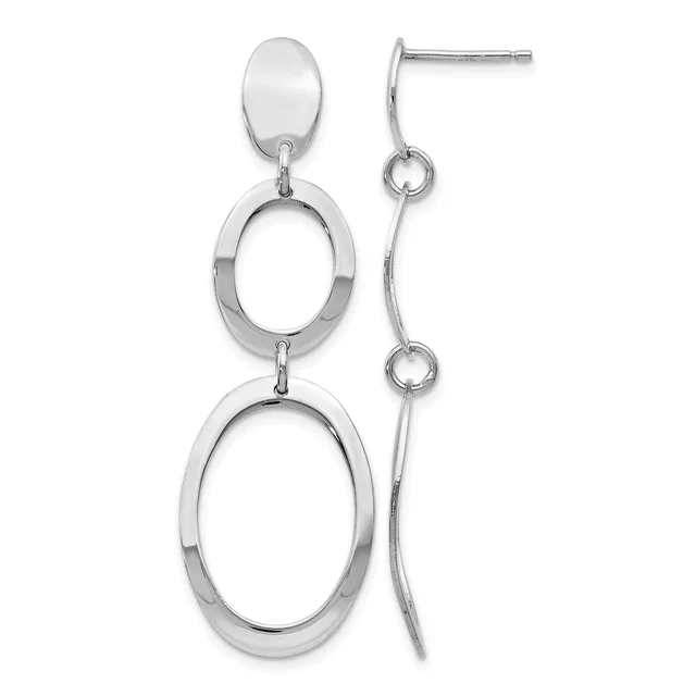 Pair of silver-toned dangle earrings with oval posts at top, connected to two graduated hollow oval rings suspended by small connector loops.