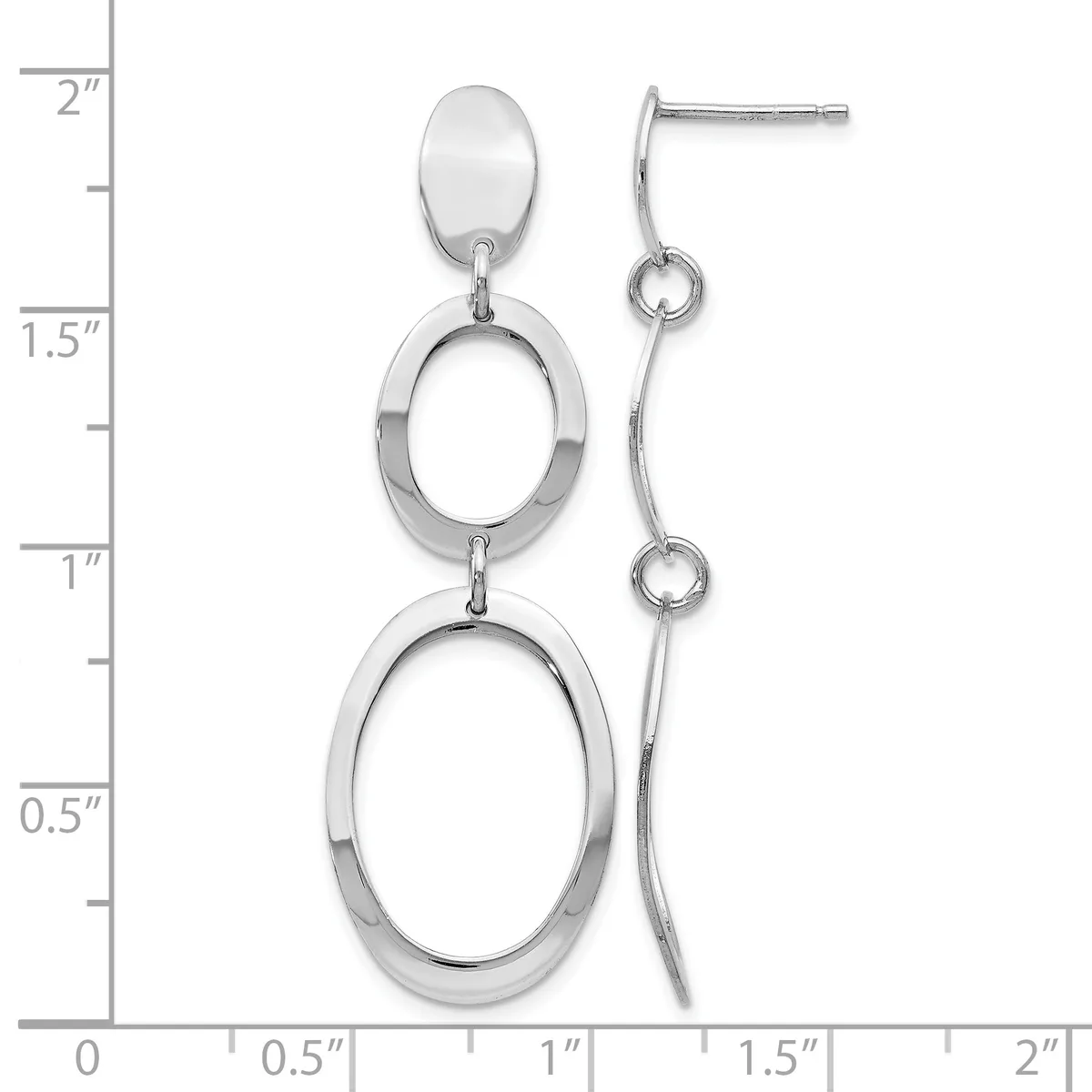 A pair of silver-toned dangle earrings with post backs, featuring two graduated oval rings stacked vertically on each earring, displayed against a measurement scale.