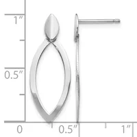 A pair of polished silver elongated oval drop earrings with post and backing, shown front and side view against a measurement scale.