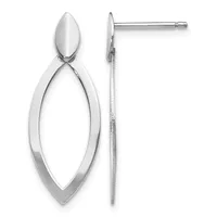 A pair of polished silver drop earrings with an elongated oval design featuring a tapered top and an open almond-shaped loop below, shown from front and side views.