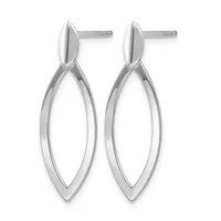 Pair of silver elongated oval drop earrings with pointed tops and post backs, shown against a white background.