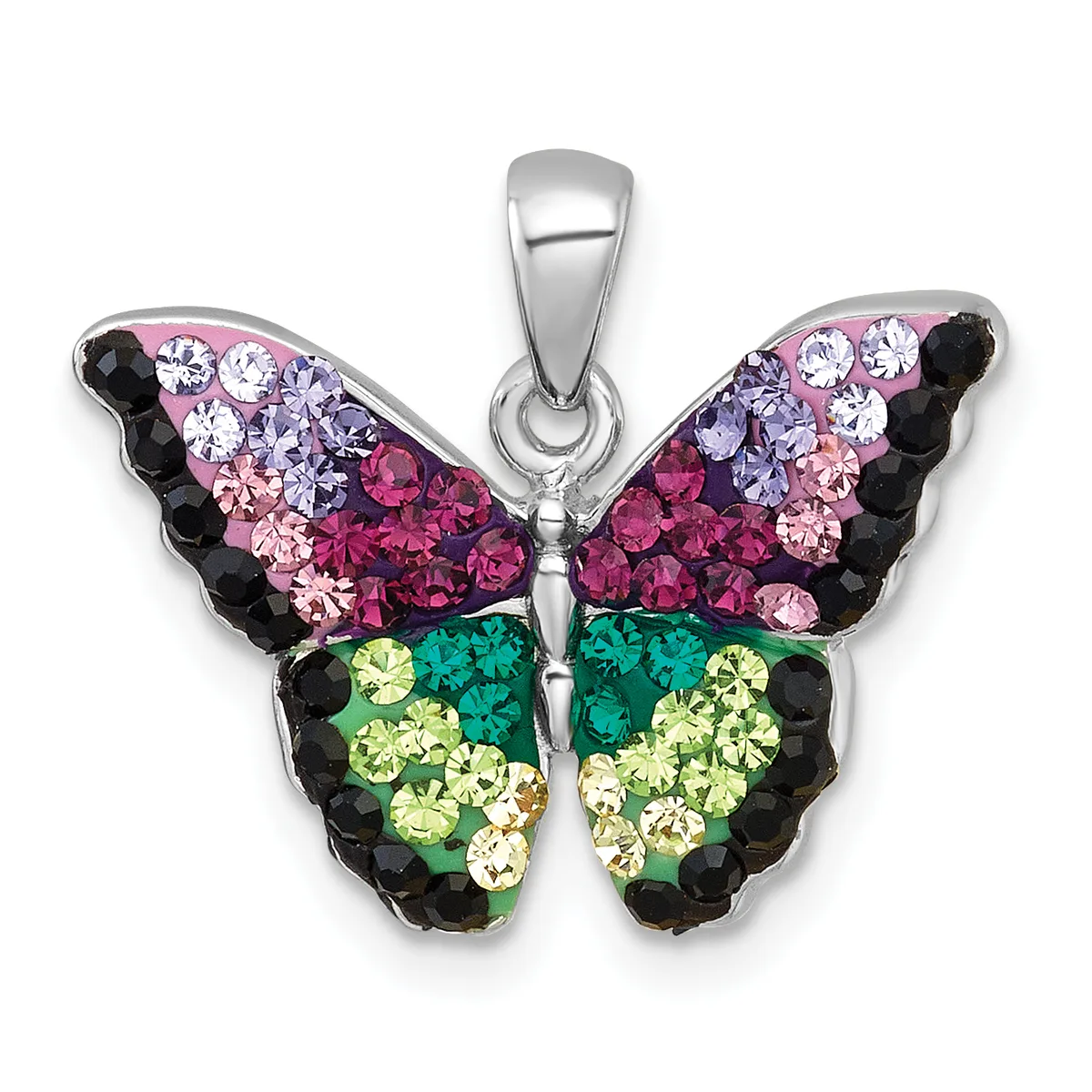 A silver butterfly pendant with multicolored crystal rhinestones in pink, purple, green, yellow, and black arranged in a symmetrical wing pattern.