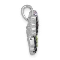 A silver pendant with a vertical oval loop featuring colorful gemstones in pink, black, and green arranged along its side, shown against a white background.