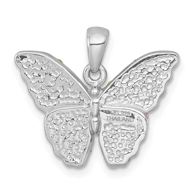 A sterling silver butterfly pendant with textured wings featuring small circular details, shown from the front with a bail loop at the top.