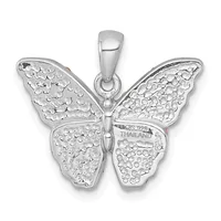 A sterling silver butterfly pendant with textured wings featuring small circular details, shown from the front with a bail loop at the top.