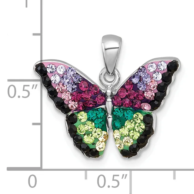 A silver butterfly pendant with multicolored crystal rhinestones in purple, pink, red, green, and black, shown next to a measurement scale indicating approximately half an inch in height.
