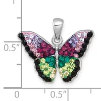 A silver butterfly pendant with multicolored crystal rhinestones in purple, pink, red, green, and black, shown next to a measurement scale indicating approximately half an inch in height.