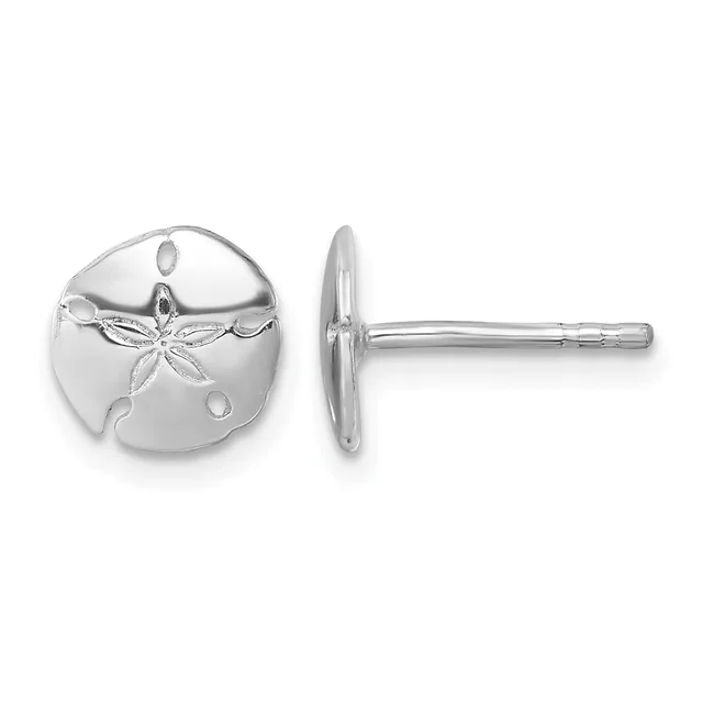 Pair of silver sand dollar stud earrings shown from front and side view, featuring a starfish design with small circular details on a polished round disc.