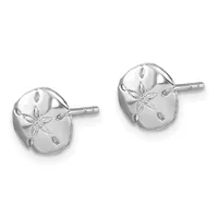 Pair of silver stud earrings with polished domed faces featuring etched starfish and scattered leaf designs.